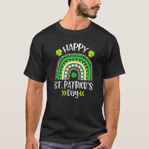 Happy St Patricks Day Leopard Print Rainbow Shamr T_Shirt