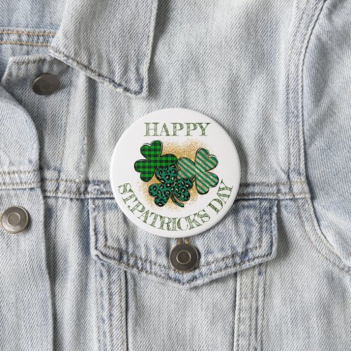 Happy St Patricks day Leopard Shamrock glitter Button