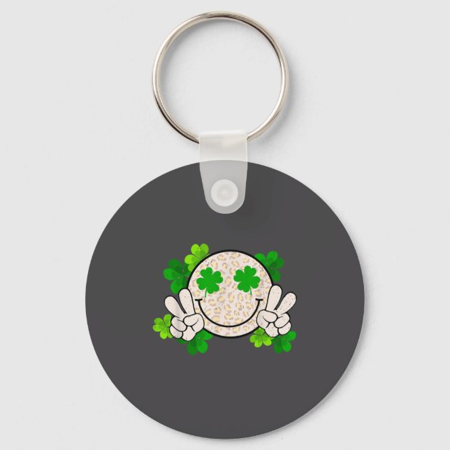 Happy St Patrick's Day Leopard Smile Face Irish Sh Keychain (Front)