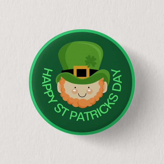 Happy St Patricks Day Leprechaun and shamrock hat Button (Front)