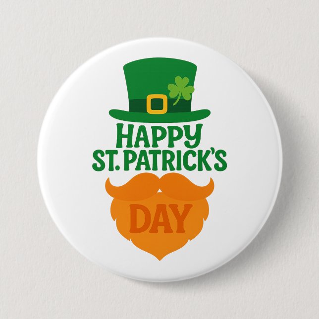 Happy St Patricks Day Leprechaun Beard and Hat Button (Front)