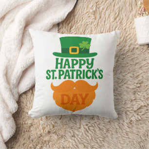 Happy St Patricks Day Leprechaun Beard and Hat Throw Pillow