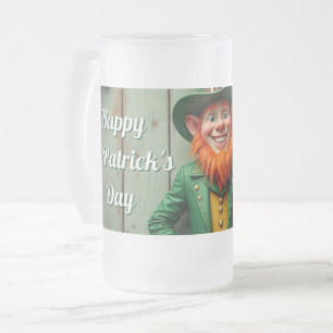 Happy St. Patrick's Day Leprechaun Frosted Glass Beer Mug
