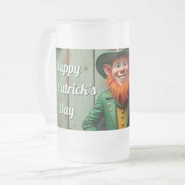 Happy St. Patrick's Day Leprechaun Frosted Glass Beer Mug (Front Left)