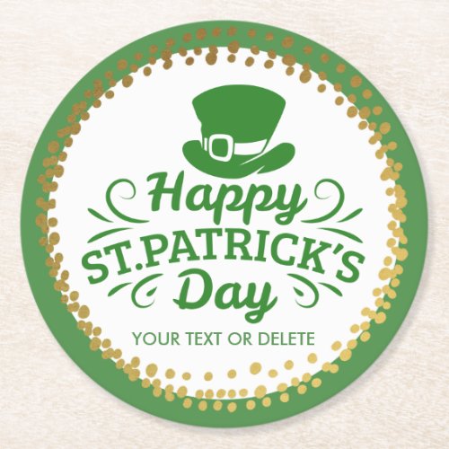 Happy St Patricks Day Leprechaun Hat Custom Text Round Paper Coaster