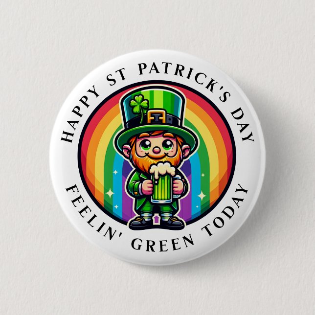 Happy St Patrick's Day Leprechaun with Green Beer Button (Front)