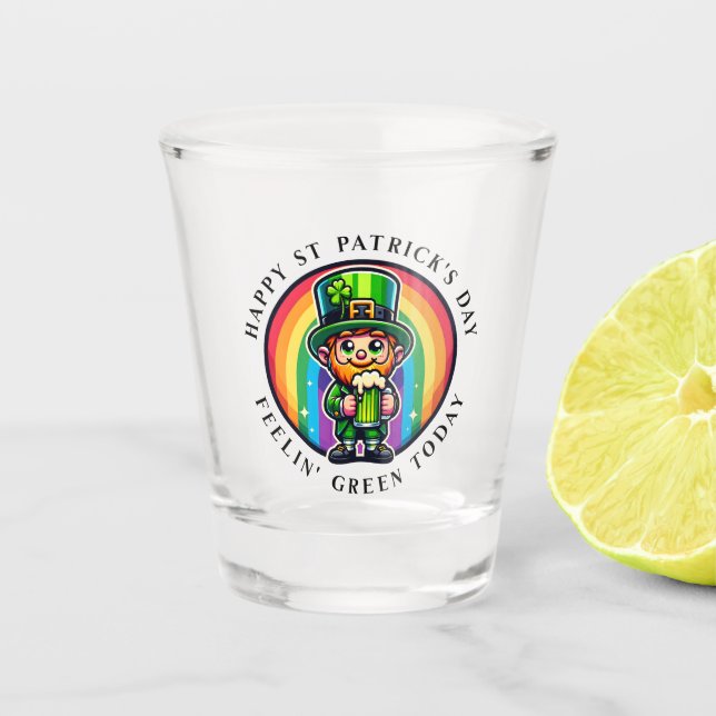 Happy St Patrick's Day Leprechaun with Green Beer Shot Glass (Front)