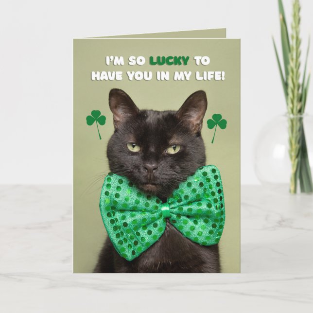 Happy St. Patrick's Day Lucky Black Cat Humor Holiday Card (Front)
