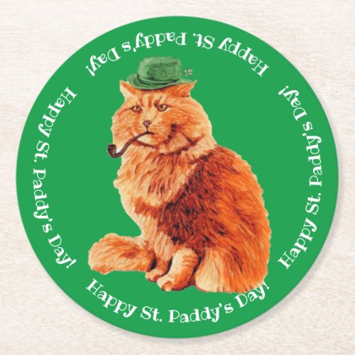 Happy St Patricks Day Lucky Cat Paper Coaster
