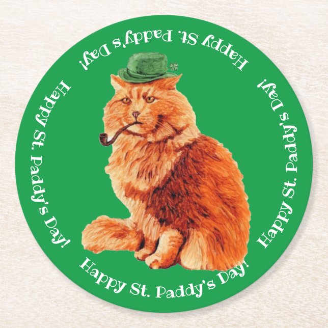Happy St. Patrick's Day Lucky Cat Paper Coaster (Front)