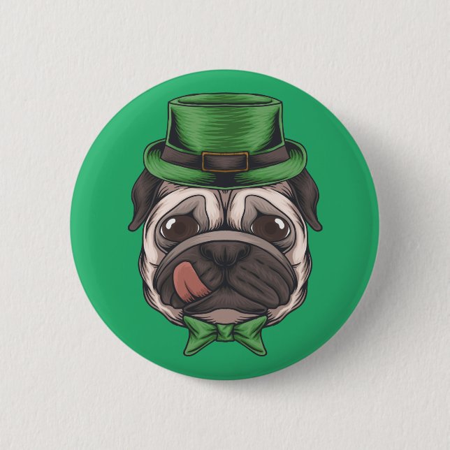 Happy St. Patrick's Day | Lucky Hipster Pug Dog Button (Front)