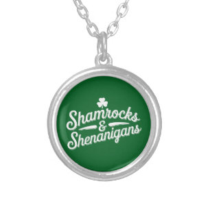 Happy St Patricks Day Lucky Shamrock&Shenanigans Silver Plated Necklace