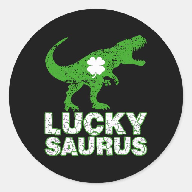 Happy St Patricks Day Luckysaurus Dinosaur Shamroc Classic Round Sticker (Front)