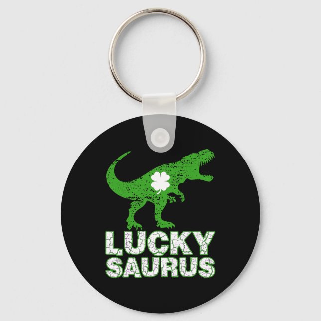 Happy St Patricks Day Luckysaurus Dinosaur Shamroc Keychain (Front)