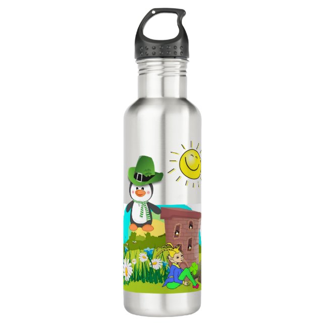 happy st. patrick's day penguin leprechaun stainless steel water bottle (Front)