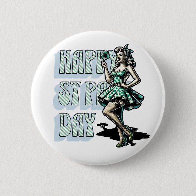 Happy St Patrick's Day Pinup Girl with Shamrock Button (Front)