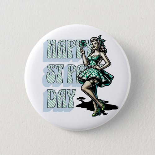 Happy St Patricks Day Pinup Girl with Shamrock Button