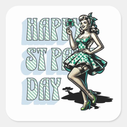 Happy St Patricks Day Pinup Girl with Shamrock Square Sticker