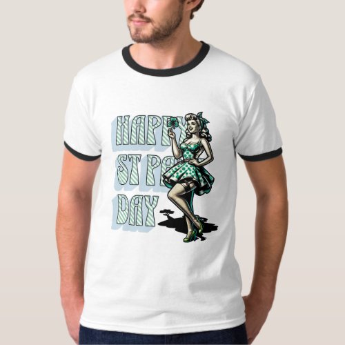 Happy St Patricks Day Pinup Girl with Shamrock T_Shirt