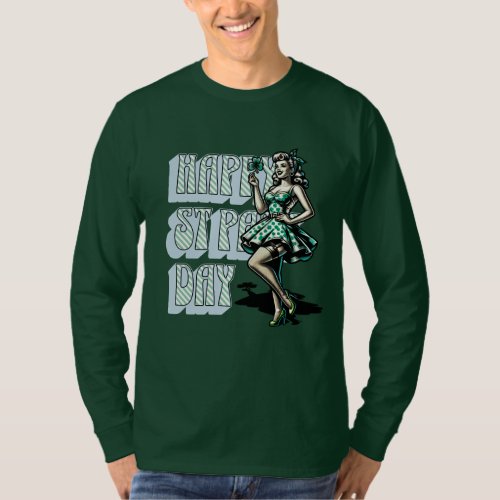 Happy St Patricks Day Pinup Girl with Shamrock T_Shirt