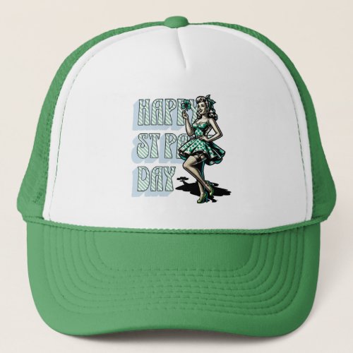 Happy St Patricks Day Pinup Girl with Shamrock Trucker Hat