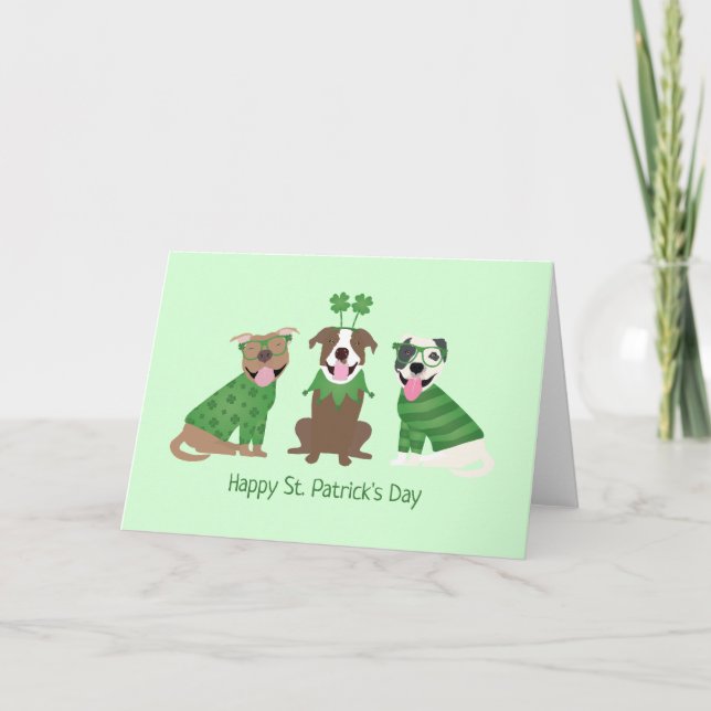 Happy St Patricks Day Pit Bull Dogs Holiday Card (Front)