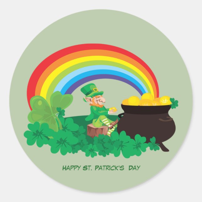 Happy St. Patrick's Day Pot of Gold and Rainbow Classic Round Sticker (Front)