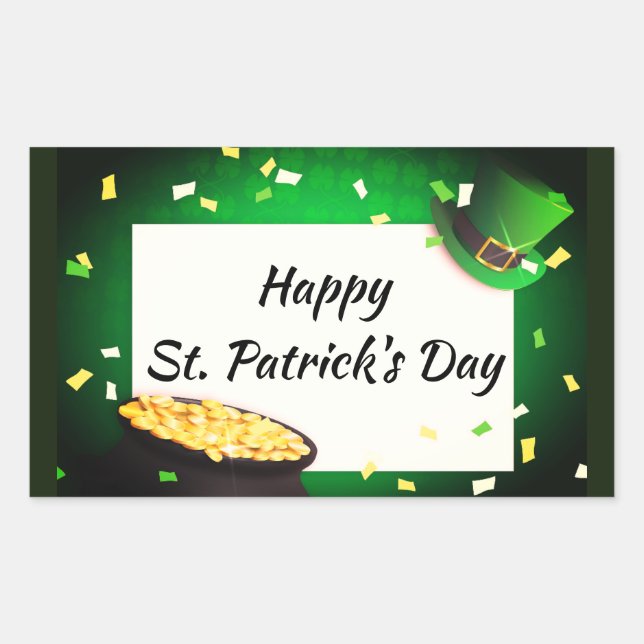 Happy St Patrick's Day Pot of Gold Green Luck Rectangular Sticker (Front)