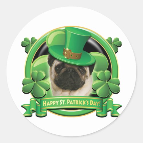 Happy St Patricks Day Pug Classic Round Sticker