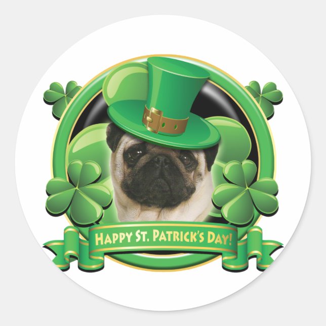 Happy St Patricks Day Pug Classic Round Sticker (Front)