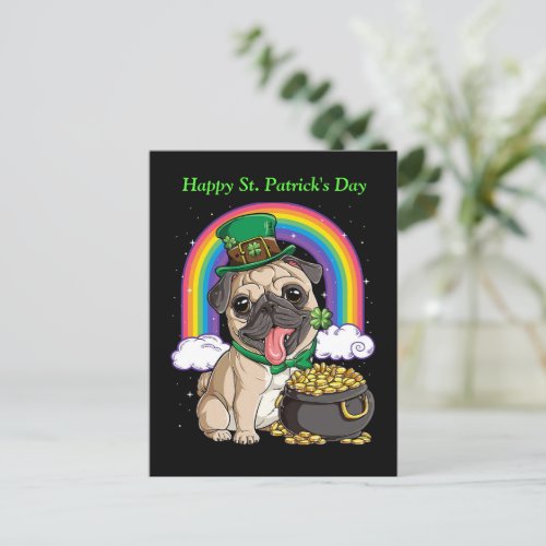 Happy St Patricks Day Pug dog postcard