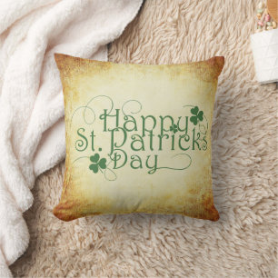 Happy St Patrick's Day Script Mottled Cream Brown Throw Pillow