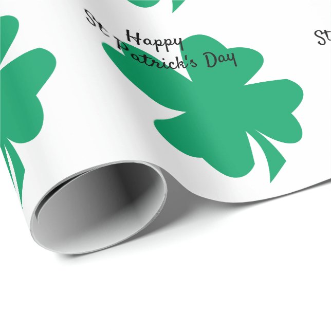 Happy St Patrick's Day Shamrock Leaf Green White Wrapping Paper (Roll Corner)