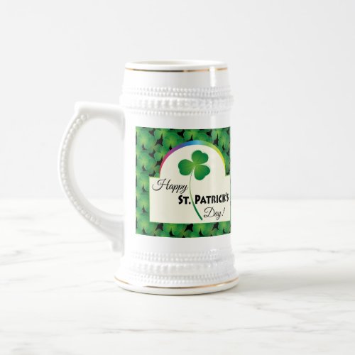 Happy St Patricks Day Shamrock Pattern Beer Stein