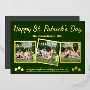 Happy St. patrick's day Shamrocks family 3 photo Foil Holiday Card