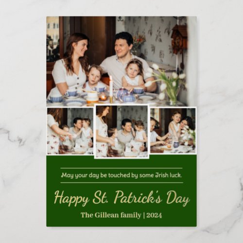 Happy St patricks day Shamrocks family photo Foil Holiday Card