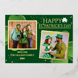 Happy St patricks day Shamrocks family photo Foil Holiday Card