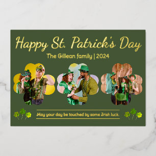 Happy St patricks day Shamrocks family photo Foil Holiday Card