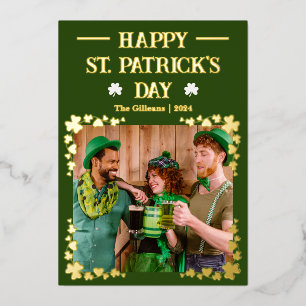 Happy St patricks day Shamrocks Family Photo Foil Holiday Card