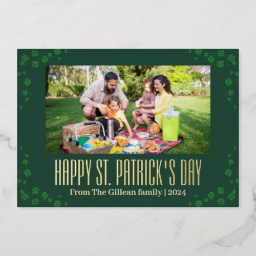 Happy St patricks day Shamrocks family photo   Foil Holiday Card