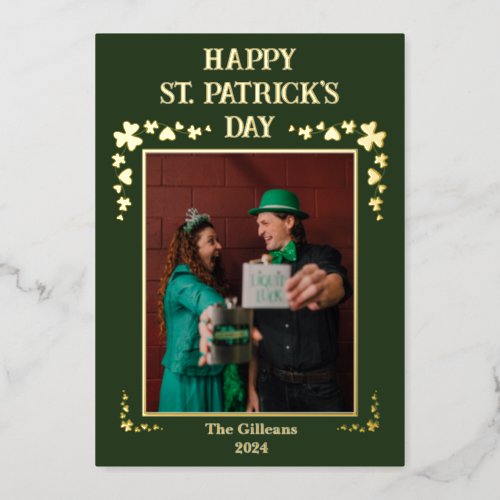 Happy St patricks day Shamrocks Family Photo Foil Holiday Card