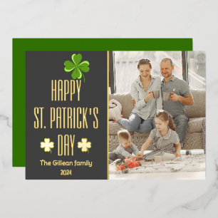 Happy St. patrick's day Shamrocks family photo  Foil Holiday Card