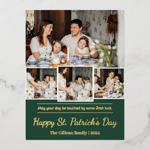 Happy St. patrick's day Shamrocks family photo Foil Holiday Postcard