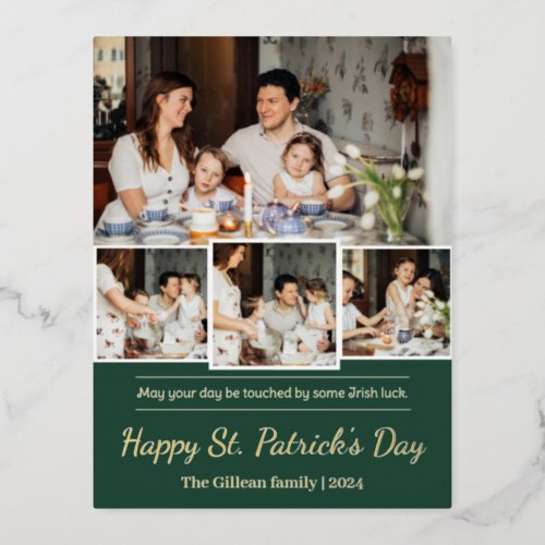 Happy St patricks day Shamrocks family photo Foil Holiday Postcard