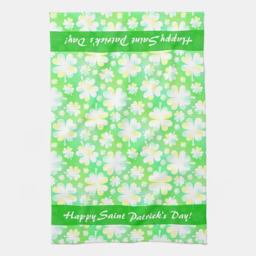 Happy St Patricks Day Shamrocks Retro Watercolor Kitchen Towel