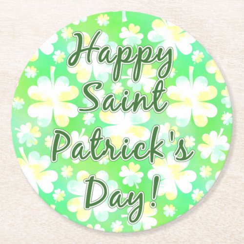 Happy St Patricks Day Shamrocks Retro Watercolor Round Paper Coaster