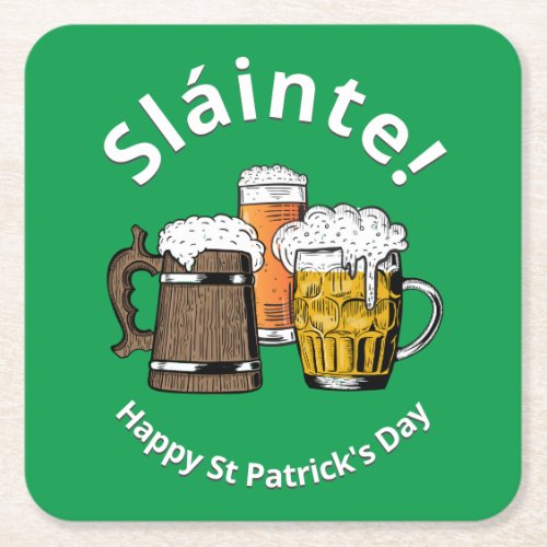 HAPPY ST PATRICKS DAY Slinte Cartoon Beers GREEN Square Paper Coaster