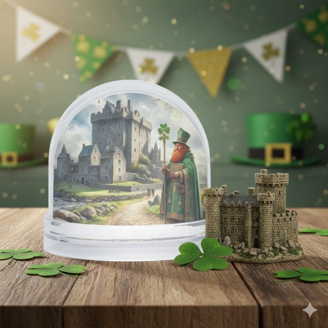 Happy St Patrick's Day  Snow Globe (St. Patrick’s Day snow globe mockup with Blarney Castle and shamrock on rustic wood table.)