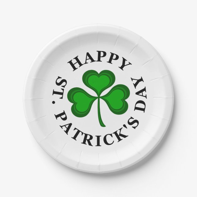 HAPPY ST. PATRICK'S DAY Text green Clover Shamrock Paper Plates (Front)