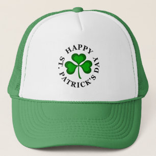 HAPPY ST. PATRICK'S DAY Text with green Shamrock Trucker Hat